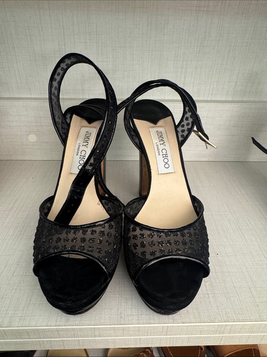 Jimmy Choo Shoes - Jimmy Choo Black Glitter Open-Toe Slingback Heels